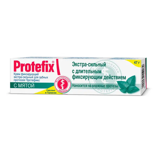 Туба крема "Protetix" с надписью о его экстра-сильном фиксирующем действии для зубных протезов, с изображением мяты. Объём 47 г.