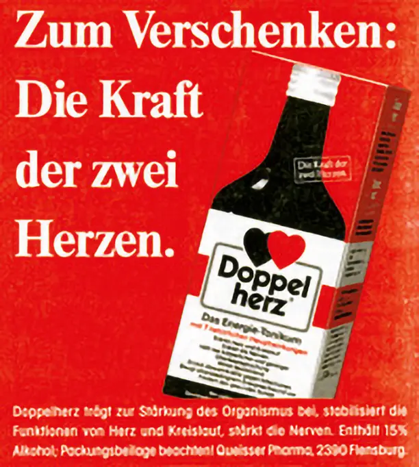 На изображении представлена бутылка с напитком "Doppel herz", который предназначен для укрепления организма, сердца и нервной системы. Фон — ярко-красный, с текстом, призывающим подарить этот напиток и подчеркивающим его полезные свойства.